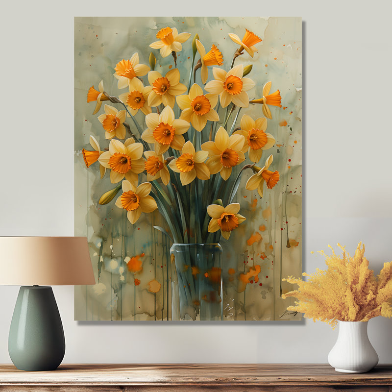 «Yellow Farmhouse Daffodils In Vase III» - jonquilles murales, Sans cadre, métal, H 24 po x l 32 po