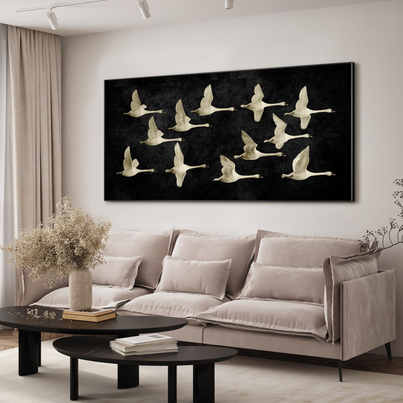 Très grande reproduction d'art sur toile - Illustration de cygnes blancs en vol, décor d'œuvres d'art pour le salon ou la chambre à coucher - «Assemblage requis du cadre (cadre non fini)»
