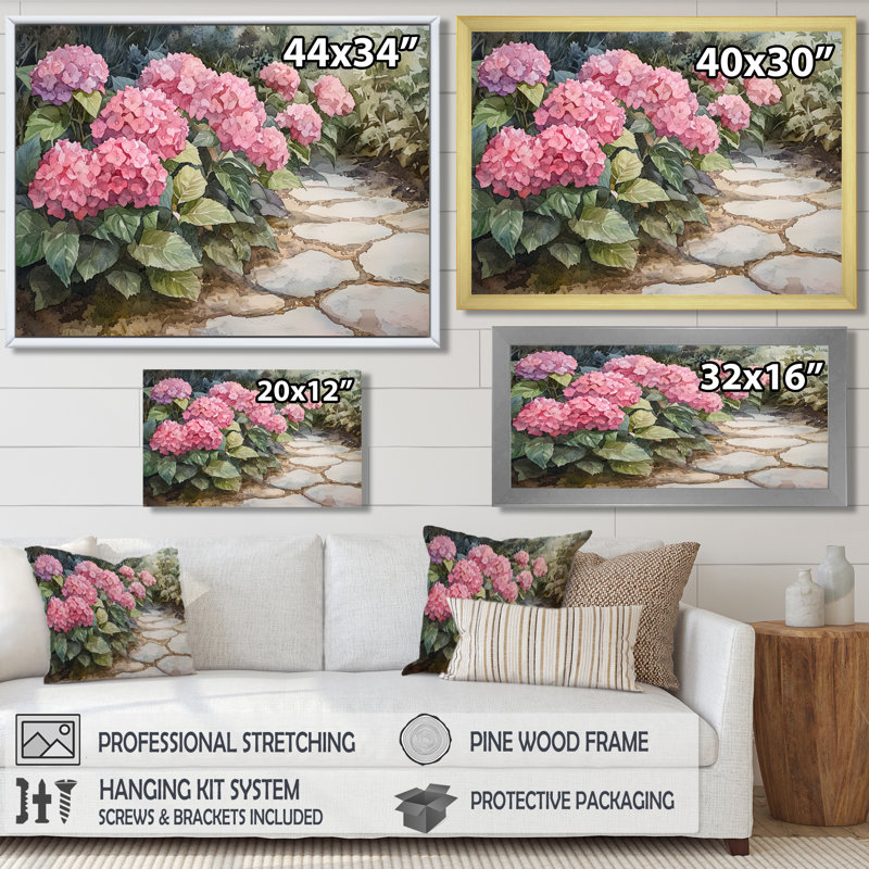 Hortensias dans un sentier de jardin monochrome I - hydrangées, art mural, H 12 po x l 20 po, Argent argent