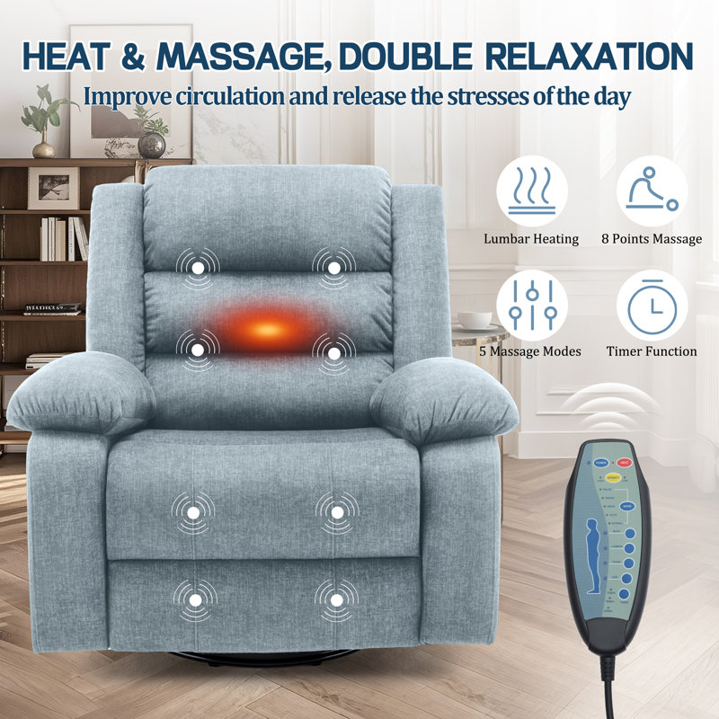 KORSER Recliner Chair With Heat And Massage,Oversized Recliner, 360°Swivel Manual Recliners For Living Room, Rocker Recliner With Side Pockets