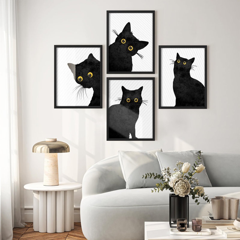 «Chats noirs avec des yeux jaunes, décor de style Pop Art moderne», 4 pièces, Noir, H 14 po x l 11 po