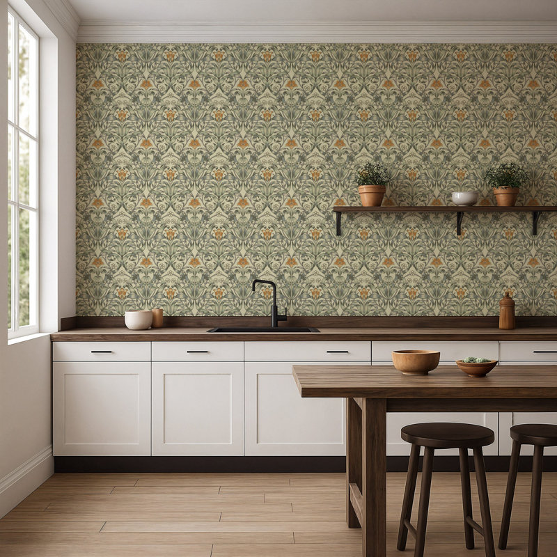 Ribbon Lily - Wallpaper, Traditional Taupe, Peel & Stick