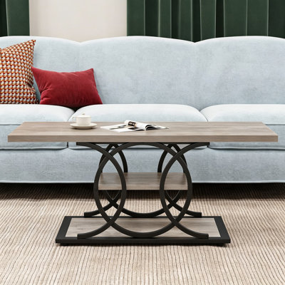 Table basse rustique avec rangement, table centrale industrielle à 3 niveaux pour le salon, table basse rectangulaire en bois de style campagnard, conception pleine lune