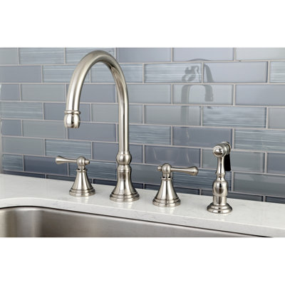 Kingston Brass Governor Double-Handle 4-Hole Widespread Kitchen Faucet with Brass Sprayer