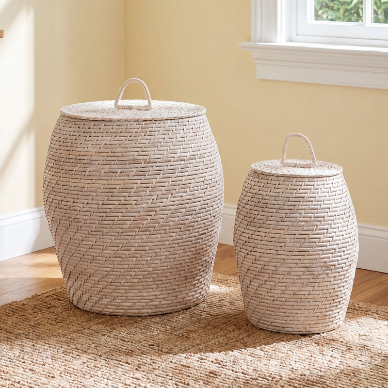 Decorative Hand-Woven Rattan Storage Baskets with Lids, White Washed