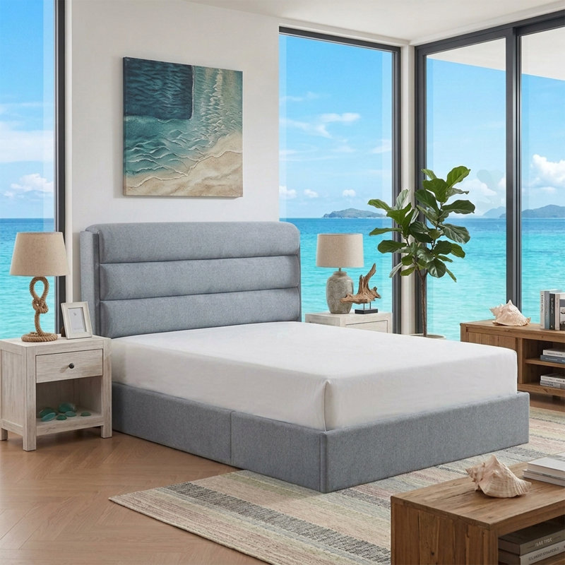 Lit plateforme tapissier avec rangement relevable, Grand, Bleu pastel
