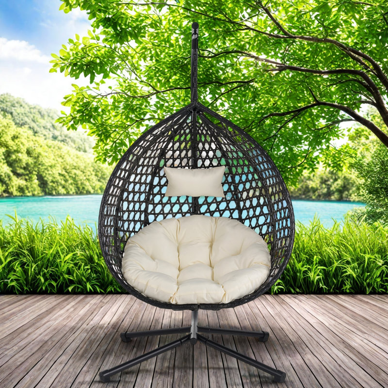 Fauteuil à œufs suspendu polyvalent avec motif en rotin évidé Pe, base en fer, appui-tête et coussin, Beige