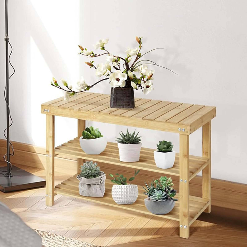Banc de rangement pour 6 paires de chaussures, étagère à chaussures à 3 niveaux, Bambou naturel clair