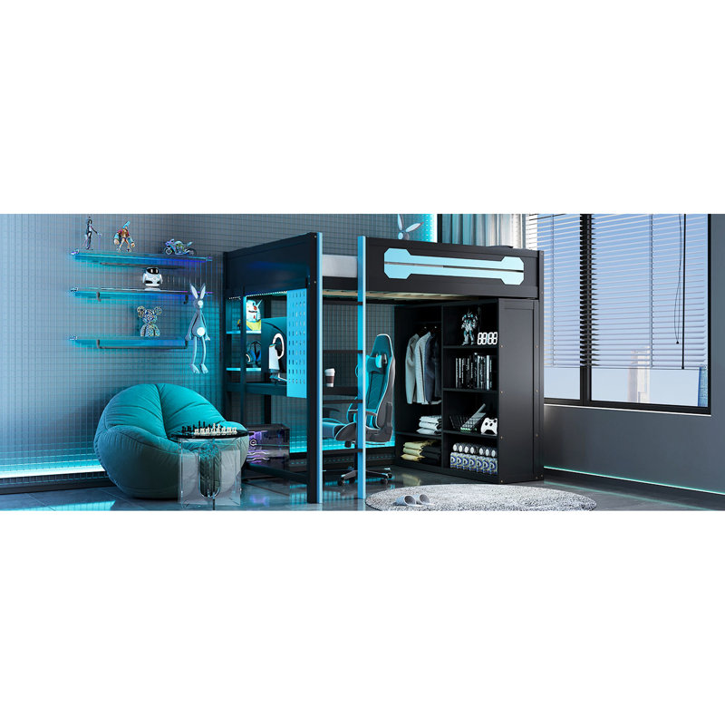 Lit mezzanine double pleine grandeur, bleu, avec bureau, armoire ouverte, étagères, coffre-fort et confortable intégré pour les séances d'étude