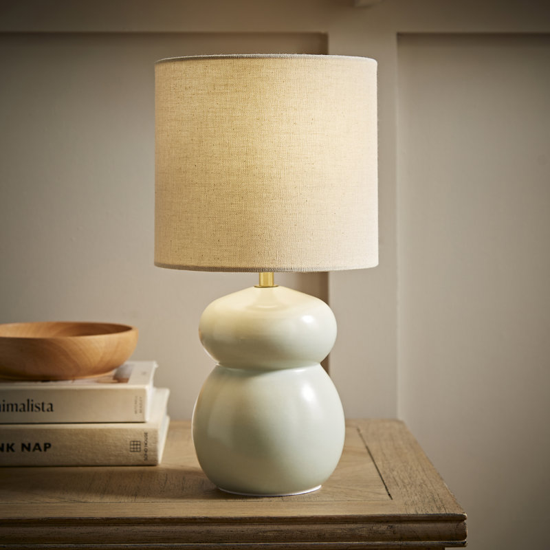 Kendal Natural Linen Drum Shade Glazed Ceramic Table Lamp with LED Bulb, Blue