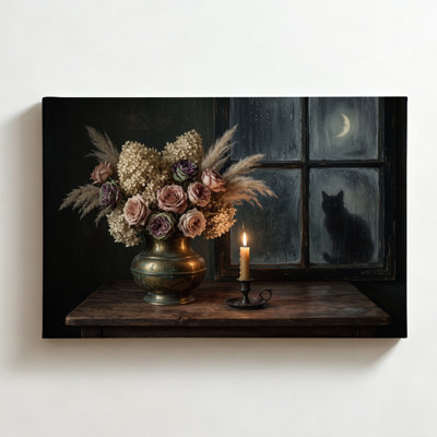 Vase fleuri avec silhouette de chat, art romantique sombre, impression sur toile pour Halloween, décoration murale automnale vintage pour salon ou chambre, 50 x 75 cm