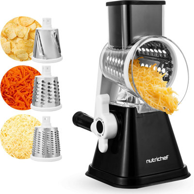 Nutrichef 3 In 1 Cheese Grater & Shredder | Strong Suction Base, Rotary Handle With Safety Lock | Includes Hand Crank & 3 Drum Blades For 3 Textures, Fine, Medium & Strips | Black