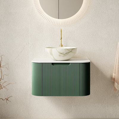 Meuble-lavabo 24 po, armoire de salle de bain en contreplaqué rayé à bords arrondis avec tiroir, vasque en céramique blanc mat et plateau en pierre frittée, pré-assemblé, couleur vert foncé