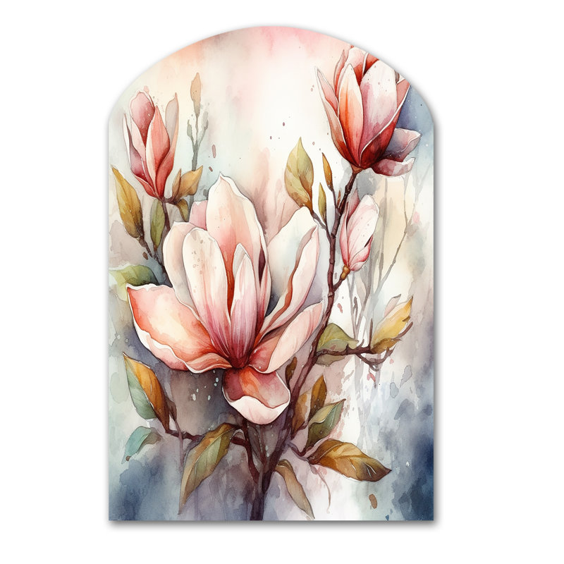 «Red Magnolia Symphony - Magnolias Arch», impression murale en métal, décoration murale asymétrique traditionnelle en métal