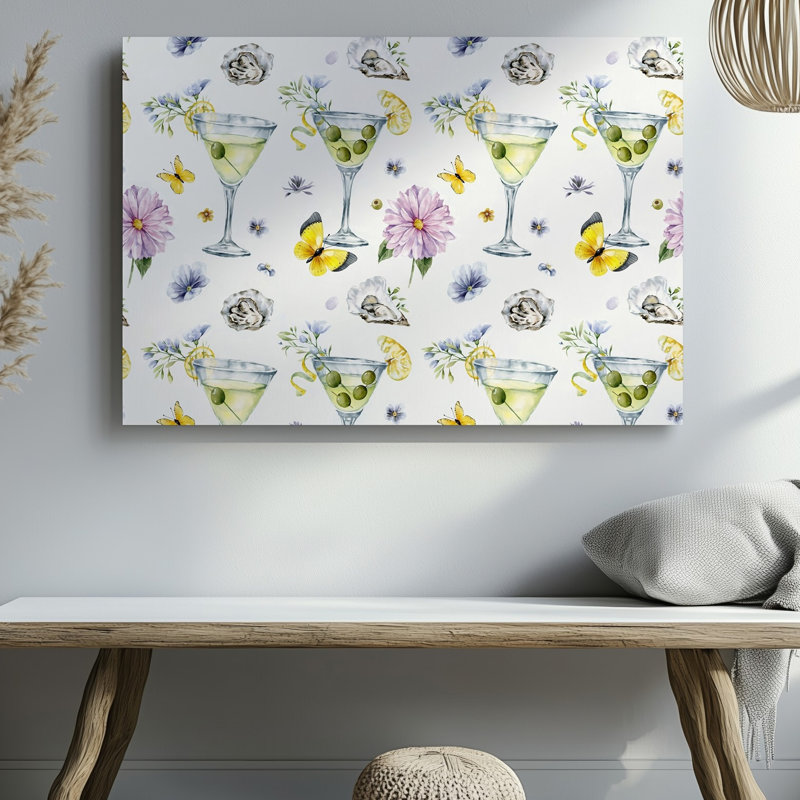 Toile d'un motif sans couture avec verres à martini élégants remplis d'un art mural jaune clair orné d'olives vertes et toile