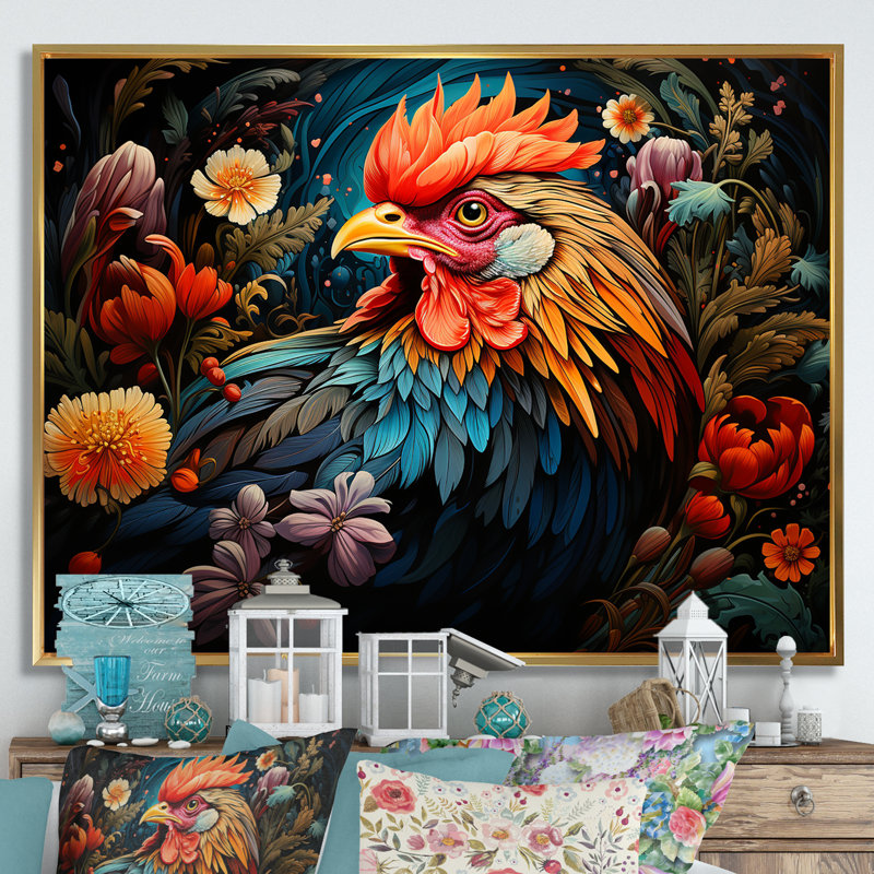 Coq coloré, prairie florale - coq animal, art mural, Cadre flottant doré, H 16 po x l 32 po x P 1 po