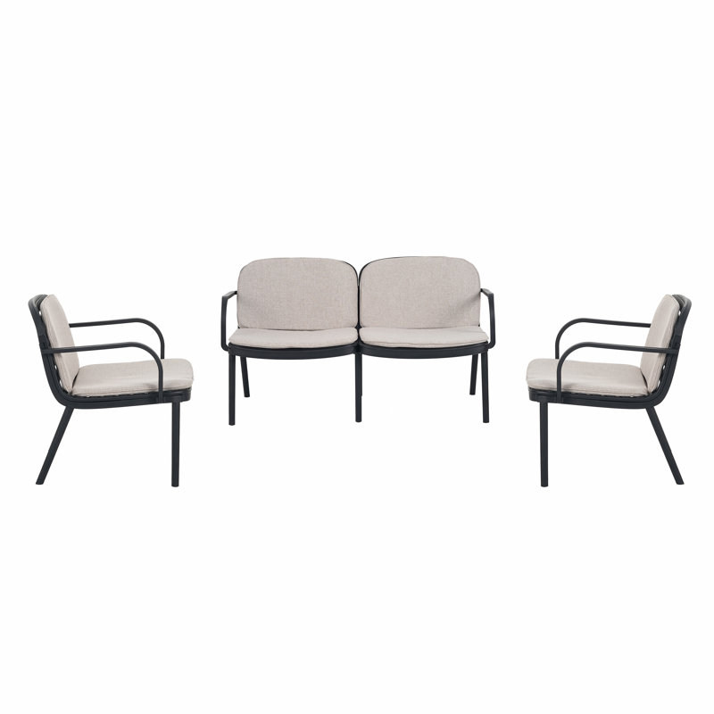 Ensemble de conversation d'extérieur 3 pièces, cadre noir avec coussin beige (2 fauteuils club et causeuse 1 pièce)
