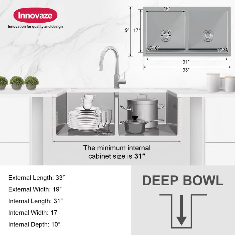 Évier de cuisine 33 x 19 en acier inoxydable avec accessoires, poste de travail à double cuve de calibre 18, argent