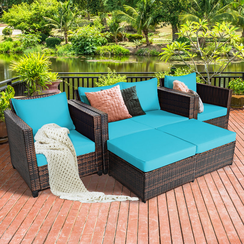 6 - Person Patio Conversation Set with Cushions, Turquoise