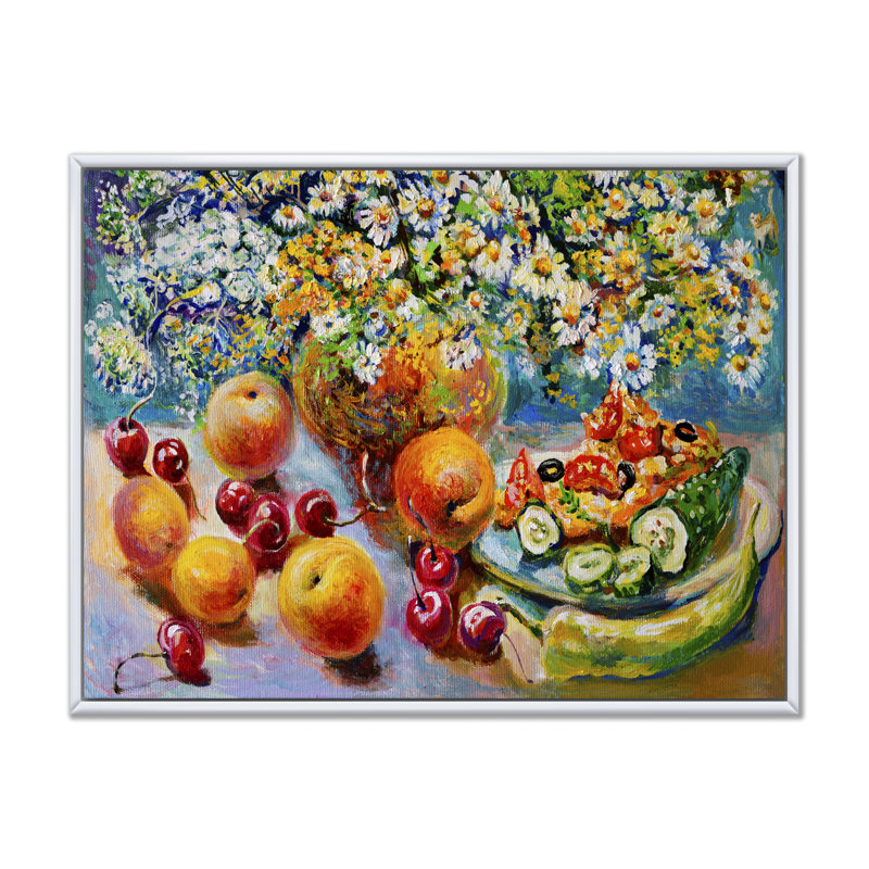 Peinture de fruits et de fleurs, nature morte, H 24 po x l 36 po x P 1 po, Cadre flottant blanc