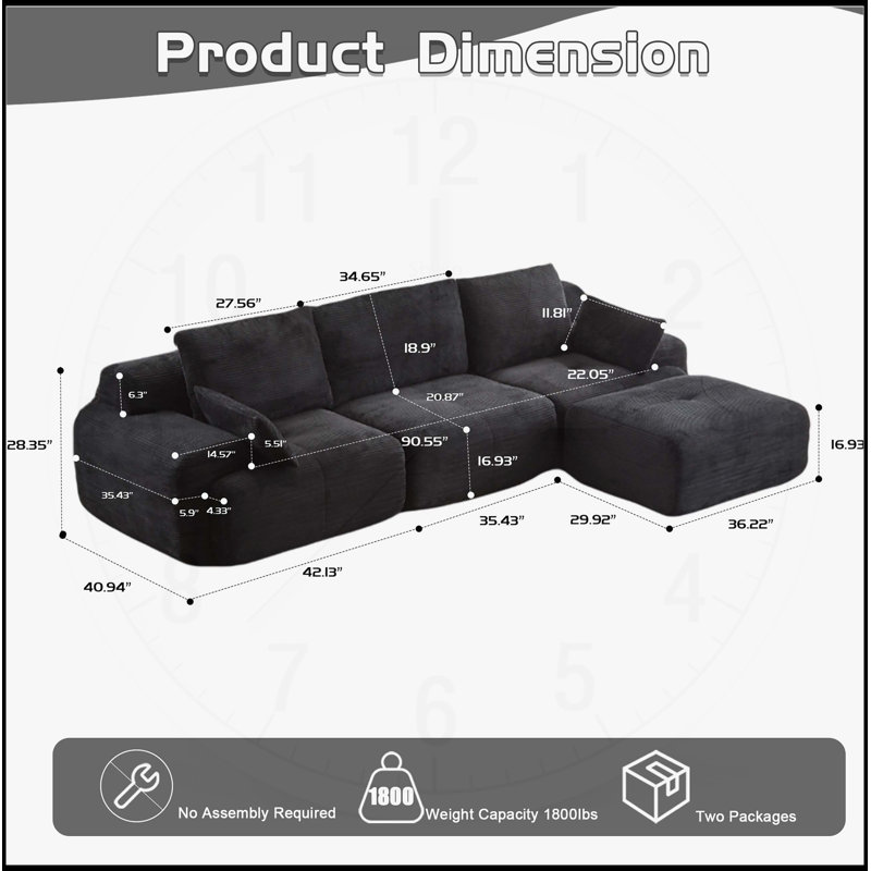 Modern Memory Foam Compressed Sofa, Large Sectional Couches for Living Room, Pet-Friendly Cloud Modular Sectional, Corduroy Fabric, Extra Deep Loveseat, No Assembly Required