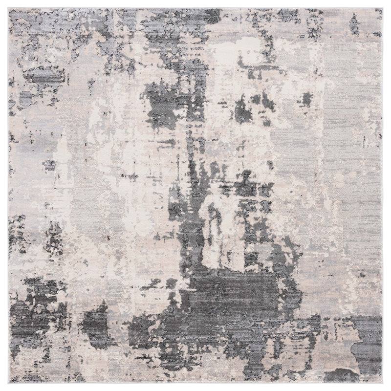 Tapis en polypropylène / polyester abstrait tissé à la machine en gris / beige clair, Carré 6 pi 7 po
