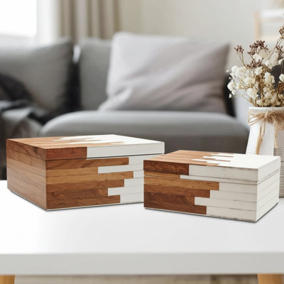 Decorative Boxes In Two-Tone Wood Finish - Decorative Storage And Organizer - Keepsake Box With Lid - Set Of 3, 10", 11", 12", Ivory And Brown