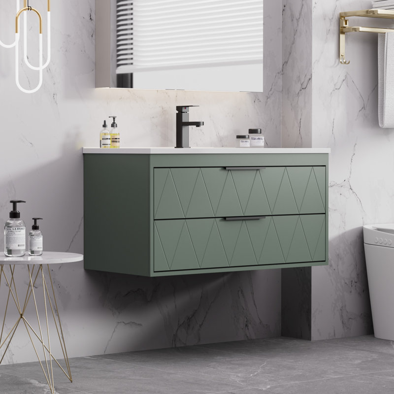 Ensemble de meuble-lavabo mural flottant de 36 po avec plateau d'évier Ciarra Makowski, robinet en alliage de zinc, tiroirs à fermeture en douceur