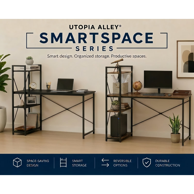 Utopia Alley SmartSpace Series Computer Desk with Storage Shelves, 47 Inch Home Office Desk, Reversible Bookshelf Design, Study, Gaming & Workstation Desk, Black