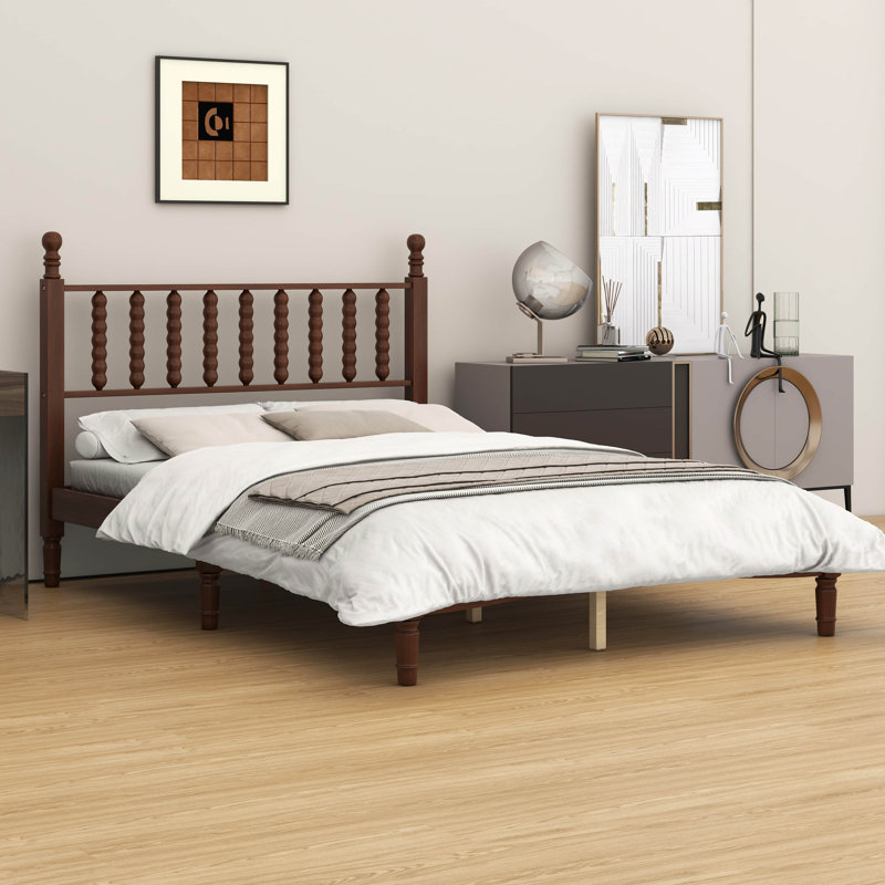 Lit plateforme en bois avec tête de lit en forme de gourde - style rétro + support en lattes de bois, Lit double