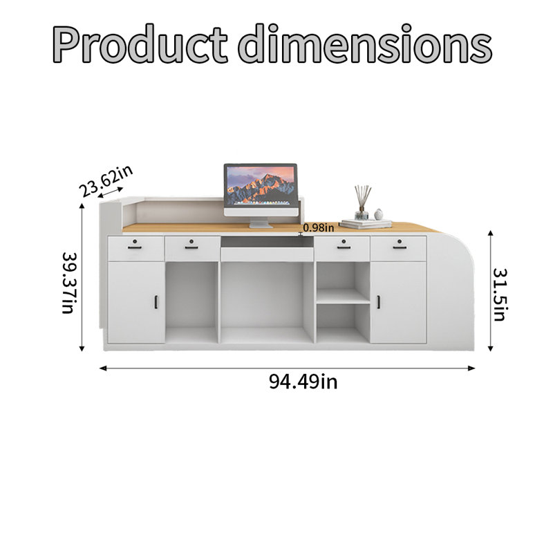 Bureau de réception avec tiroirs verrouillables, 39.37'' H X 94.49'' W X 23.62'' D, White/Gray