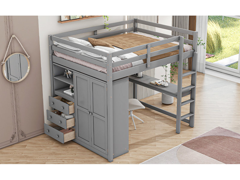  Lit mezzanine double avec garde-robe intégrée, bureau spacieux, tablettes et compartiments de rangement, gris, Gris