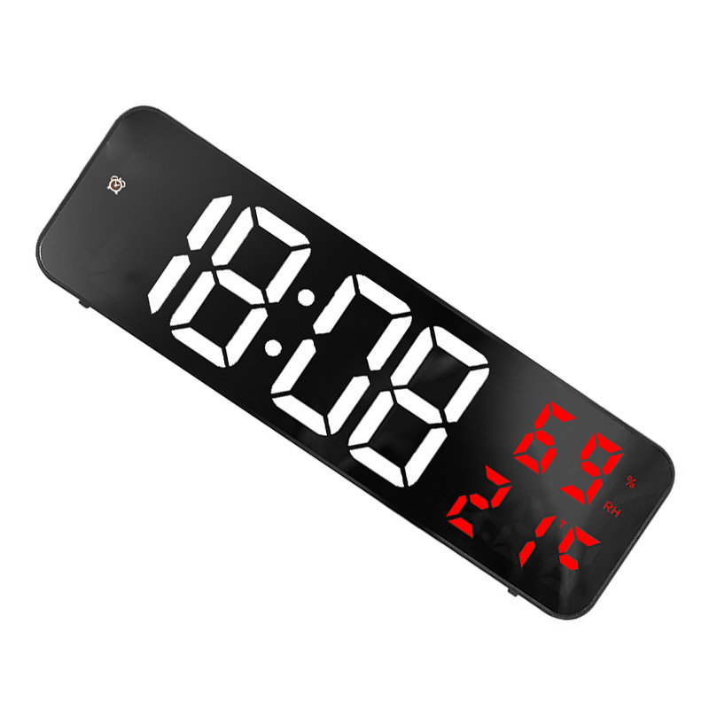 Horloge numérique DEL grand format avec miroir, alarme électronique pour la maison, à brancher au mur, blanche et rouge.