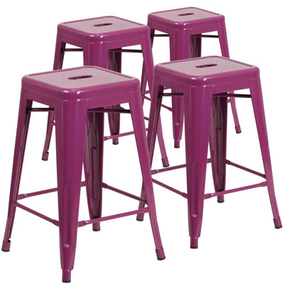 24"H Backless Metal Indoor-Outdoor Counter Height Stool w/Square Seat