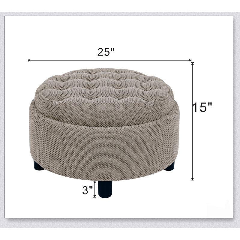 25 Inch Round Storage Ottoman With Tray, Modern Tufted Fabric Circle Coffee Table For Living Room And Bedroom, Camel