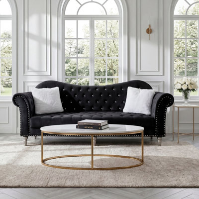 88.6" Chesterfield Sofa, Velvet Couch with Crystal Diamond Inlay on Seat & Back, Black