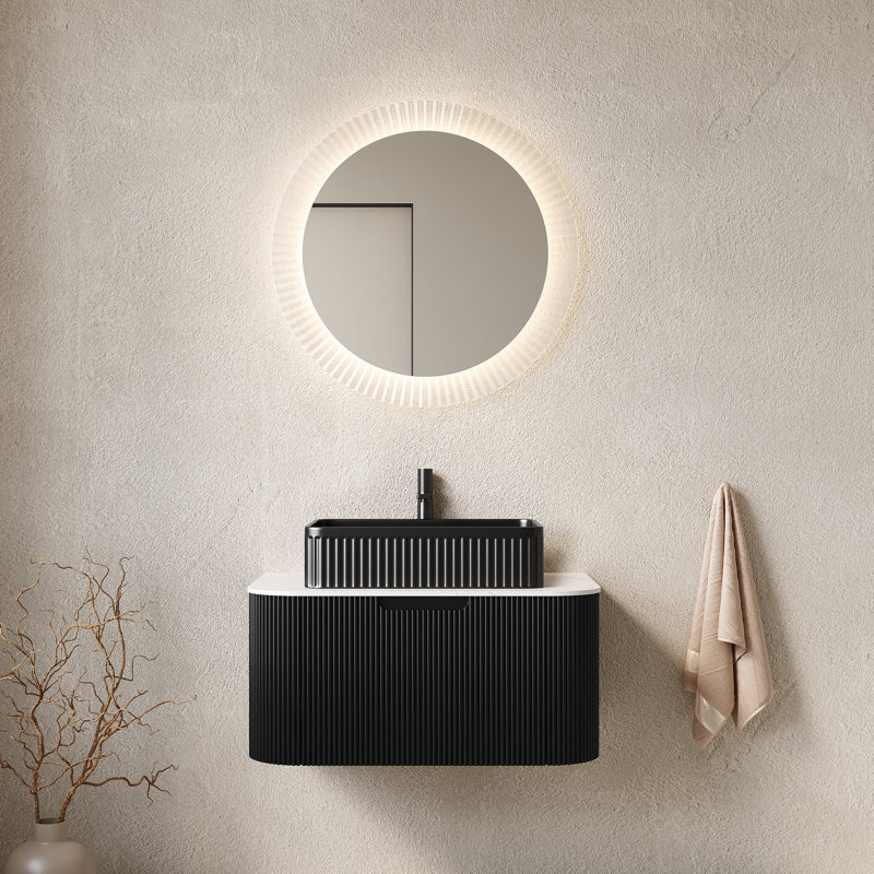 Meuble-lavabo moderne de 30 po avec lavabo, tiroir, lavabo en céramique noire, sans robinet, pré-assemblé, trois finitions à rayures 3D, contreplaqué, système de rangement à fermeture en douceur,