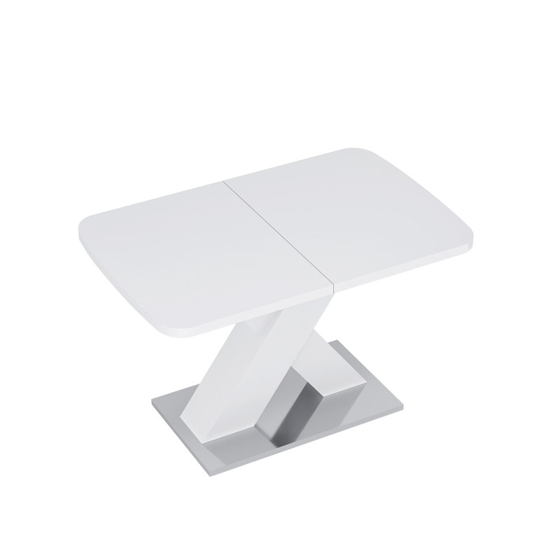 Modern Square Dining Table, Stretchable, White Table Top+MDF X-Shape Table Leg With Metal Base, White