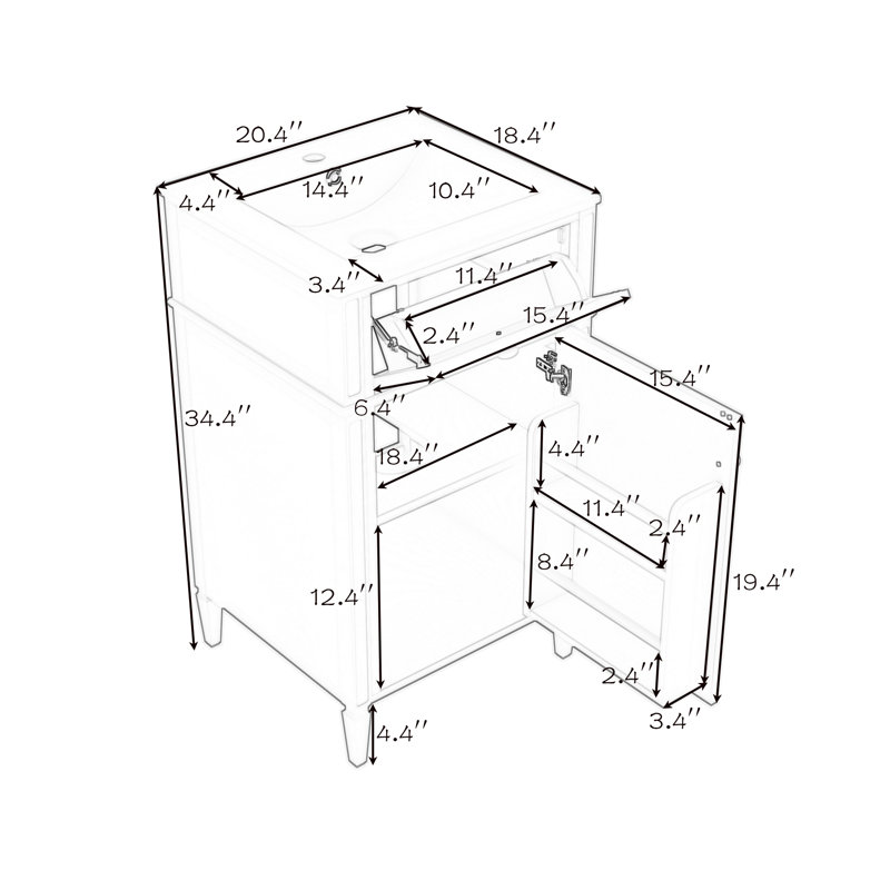 Meuble-lavabo de salle de bain avec lavabo, tablette réglable et tiroir inclinable