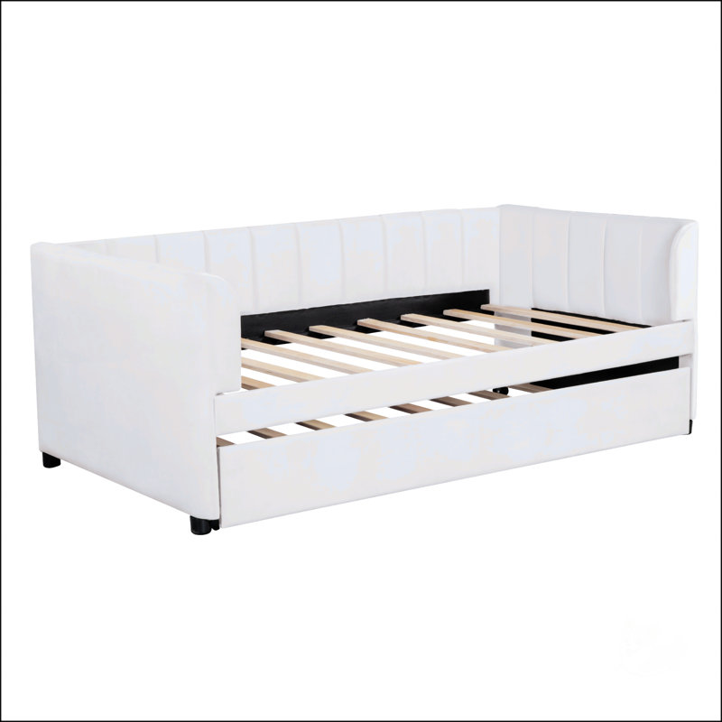 Twin Size Upholstered Daybed With Trundle Bed,Platform Bed,Beige , White