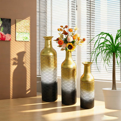 Ensemble de 3 vases en métal élégants, motif de feuilles, blanc, or et noir, parfaits pour la décoration de la maison et du salon