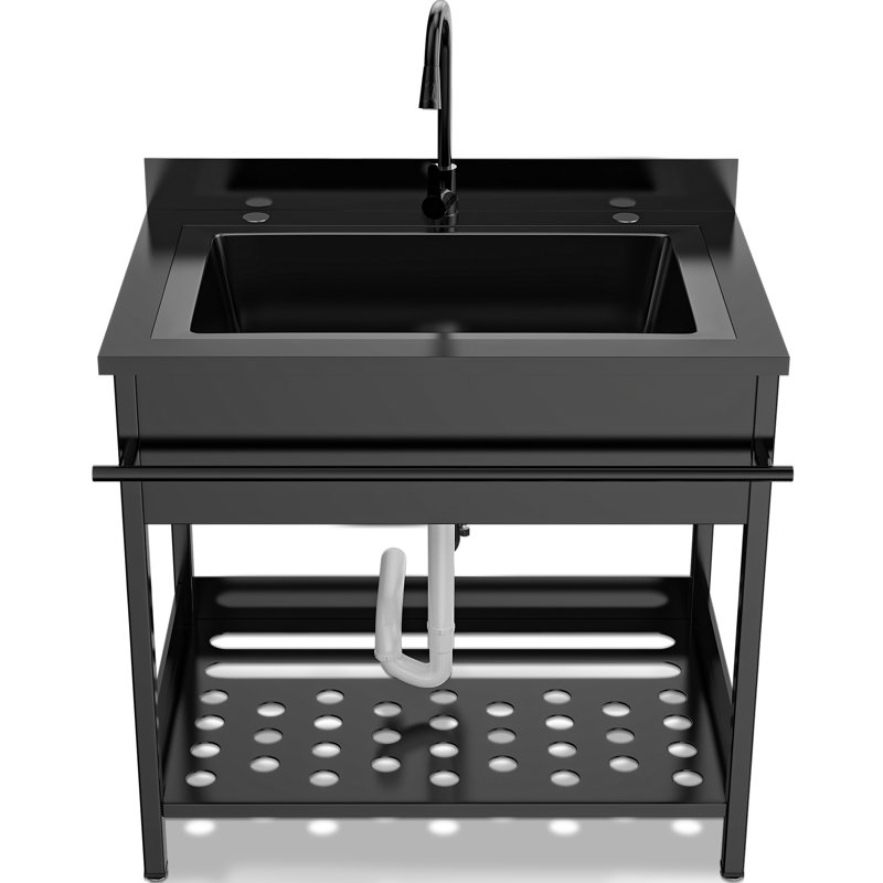 Évier utilitaire autoportant 35 po en acier inoxydable noir thermolaqué avec robinet escamotable, lavabos robustes pour la lessive, garage, atelier, serre, soins pour animaux de compagnie