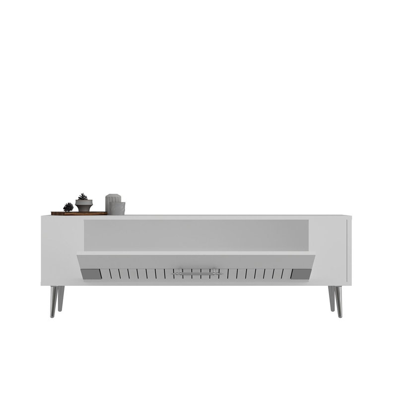 Meuble télé moderne avec option de fixation murale Catena, blanc et argent, 47,2 po x 19,0 po x 10,4 po | Panneau de particules 100% enduit de mélamine | Tablette spacieuse: 34,1 po x 11,4 po | Conception géométrique élégante, parfaite pour tout salon