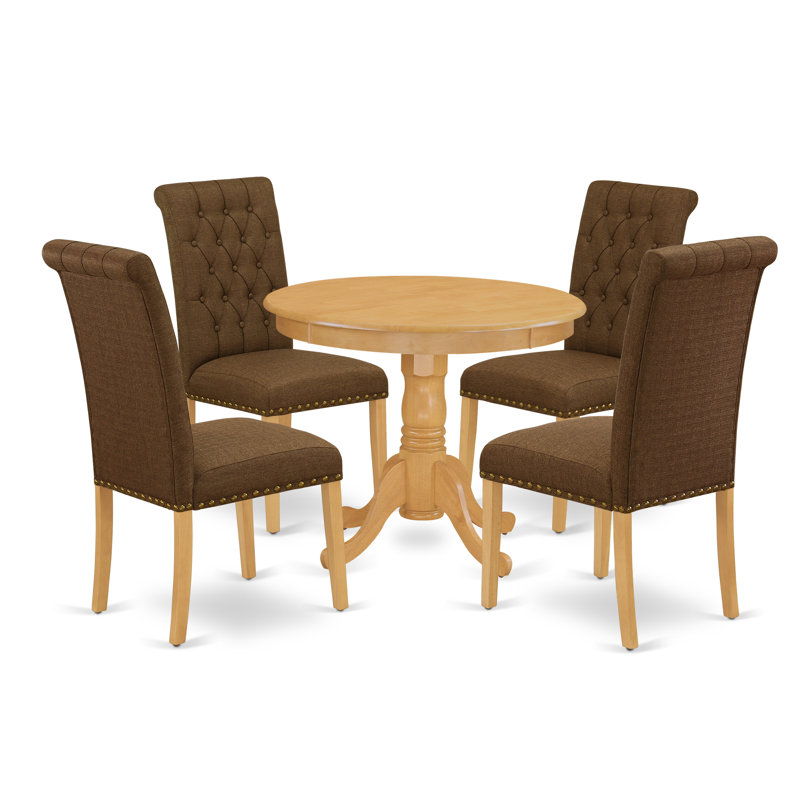 Ensemble de table de salle à manger 5 pièces pour 4 personnes comprenant une table de salle à manger ronde avec piédestal et 4 chaises rembourrées en tissu de lin brun, chêne
