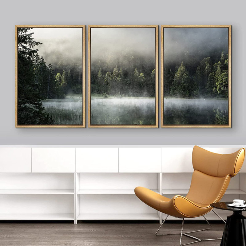 «Nature Landscape Forest Lake Covered in Fog Natural Landscape», reproduction de photo sur toile flottante 3 pièces, Naturel