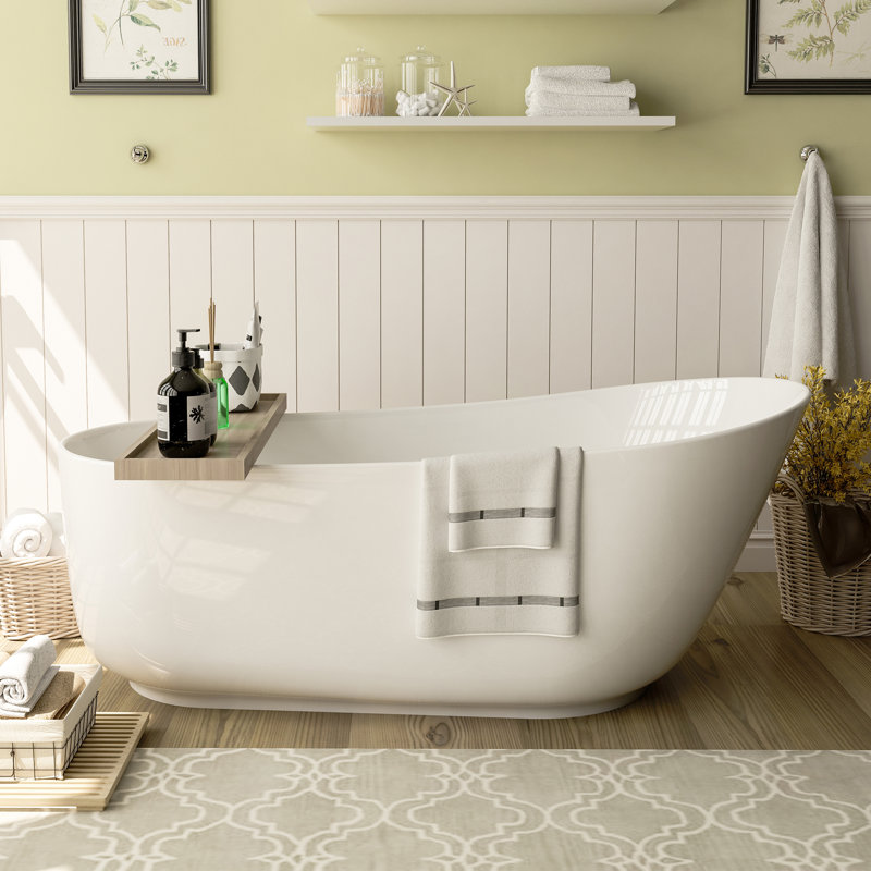Crestone 67"x 32" Freestanding Soaking Solid Surface Resin Stone Bathtub with Black Bath Pollow