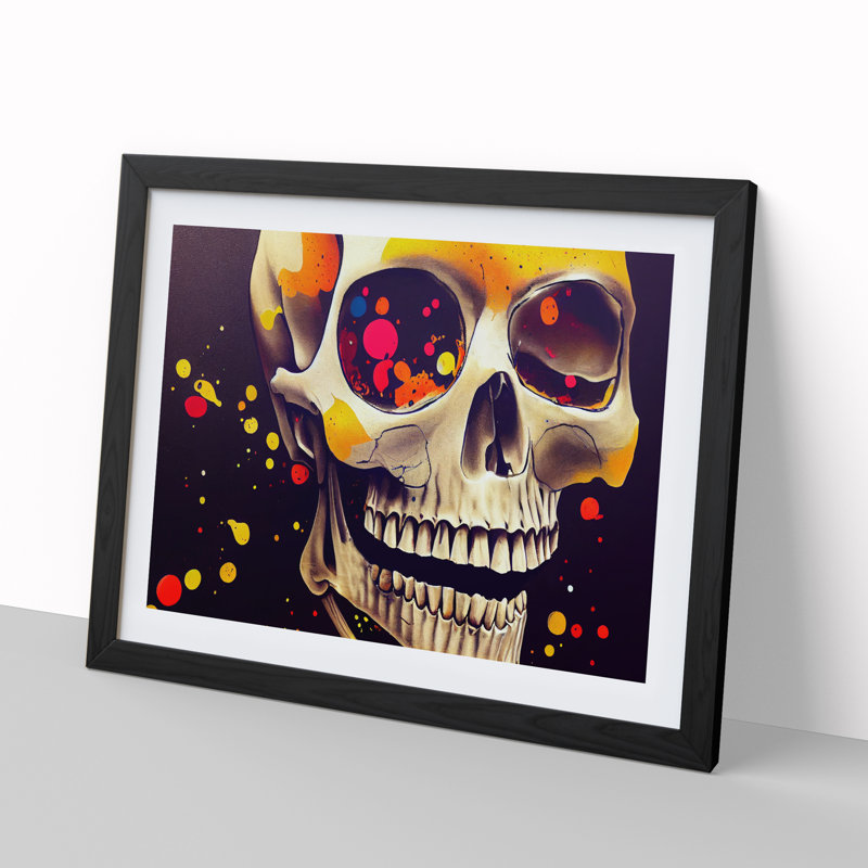 XH1022-7859X Skull Splashed Abstract - Single Picture Frame Print, 25cm H x 34cm W x 2cm D, Black