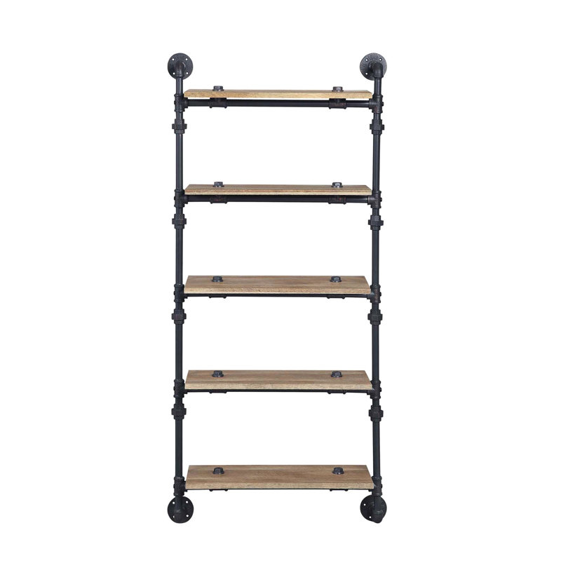 Tablette flottante murale à 5 niveaux avec tube en métal, finition chêne, aspect de conduite d'eau, idéale pour la décoration de bureau et le rangement, l 9 po de largeur, cadre de 12 po, style, présentoir de rangement, tablette