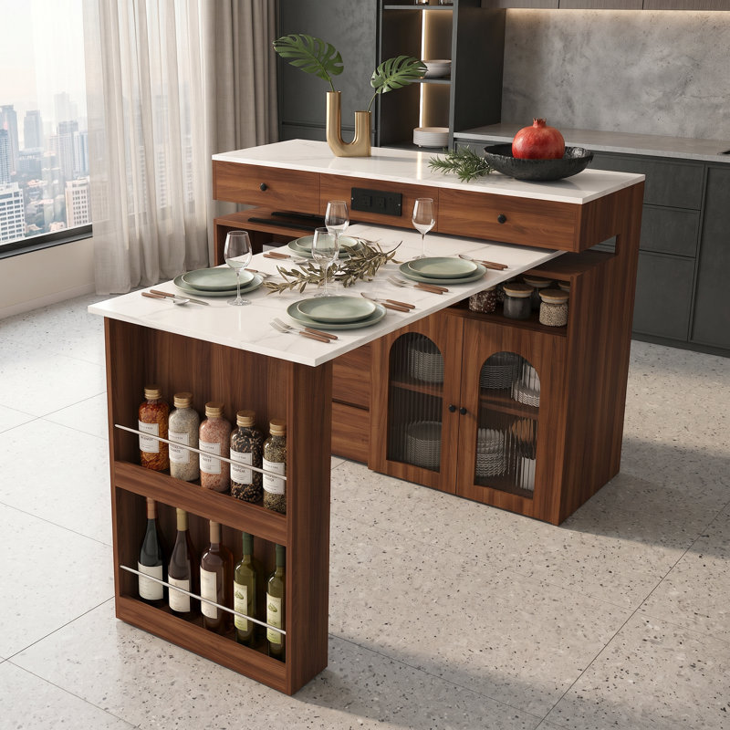 Îlot de cuisine avec table extensible et rotative, table d'îlot avec rangement, poste de salle à manger extensible pour 2 à 4 personnes