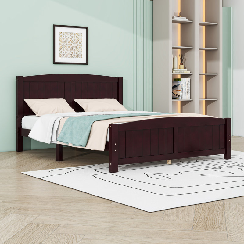 Lit plateforme en bois avec tête de lit et pieds centraux, Espresso, Grand lit